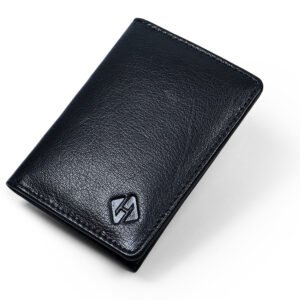 Front view of navy blue genuine leather RFID card wallet for men