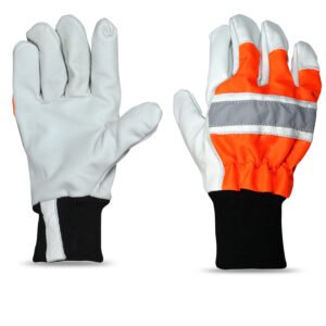 High visibility grain leather safety gloves with reflective strip and knitted wrist cuff