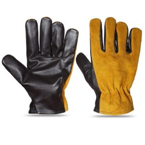 Black grain leather driver gloves with yellow split leather back and elastic wrist