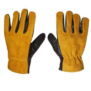 Back view of black leather driver gloves with yellow split leather back