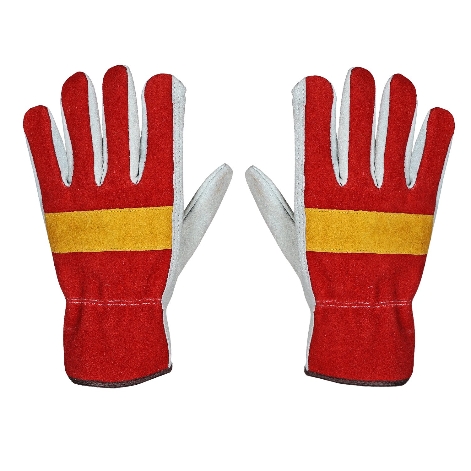 Back view of red split leather driver gloves with yellow knuckle strip