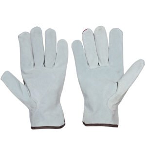 Palm view of red leather driver gloves with white grain leather palm