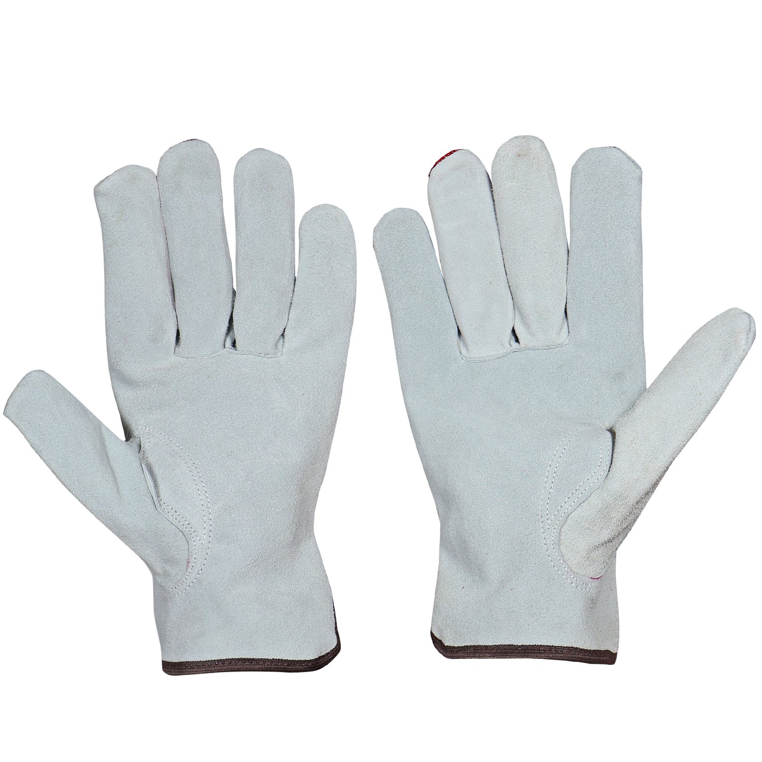 Palm view of red leather driver gloves with white grain leather palm