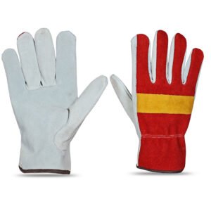 Red split leather driver gloves with yellow knuckle strip and grain leather palm
