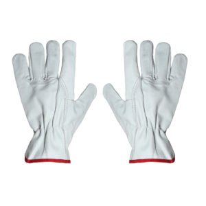 Palm view of white grain leather driver gloves with red cuff binding