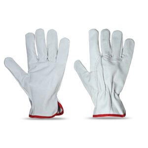 White grain leather driver gloves with elastic wrist and red bound cuff
