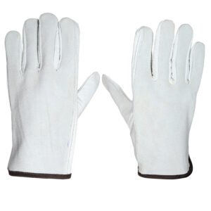 Palm view of white leather driver work gloves with red cuff binding