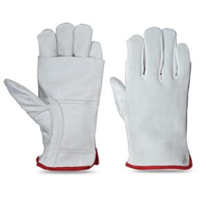White leather driver gloves with red bound cuff and keystone thumb