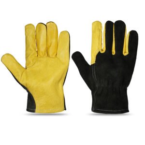 Yellow grain leather driver gloves with black split leather back