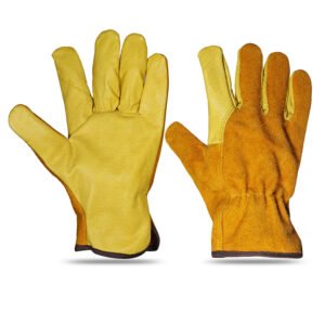 Yellow grain leather driver gloves with split leather back and elastic wrist