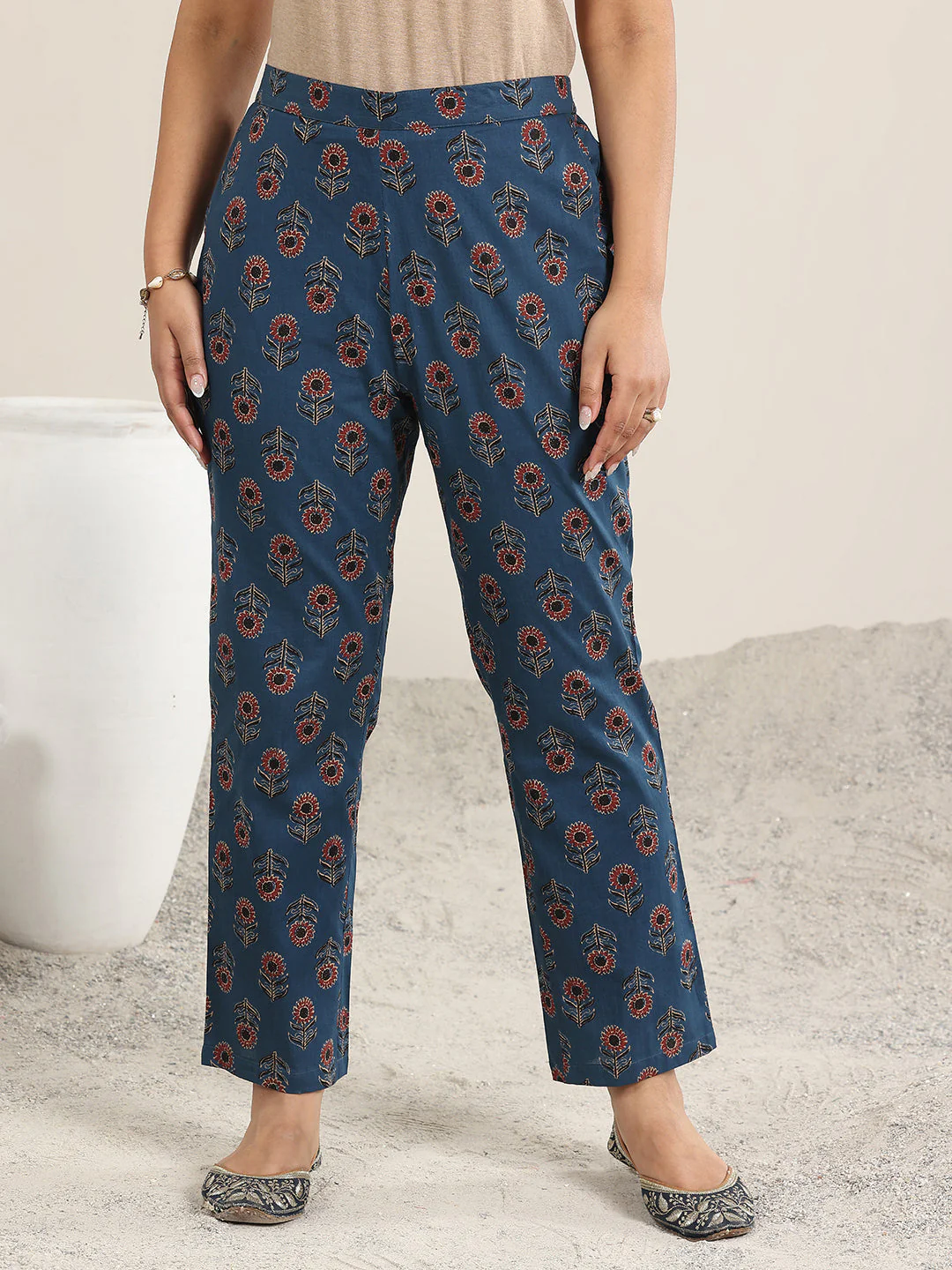 Navy Blue Printed Cotton A-Line Suit With Dupatta - Image 5