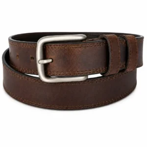 Dark brown leather belt with double stitching, twin keepers and matte silver buckle