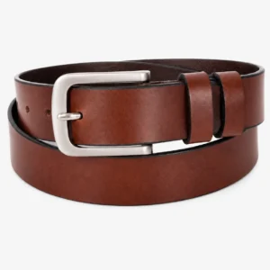 Chestnut brown leather belt with double keeper loops and matte silver buckle