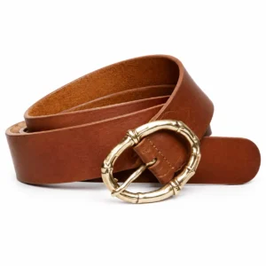Tan brown leather belt with decorative oval gold-tone buckle