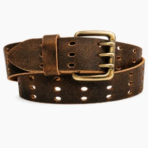 Wide dark brown leather belt with distressed finish and antique brass triple-prong buckle