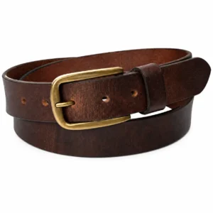 Dark brown leather belt with antique brass buckle and matching leather keeper