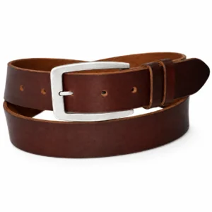 Classic brown leather belt with matte silver buckle and double leather keeper loops