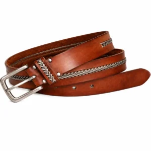 Tan brown leather belt with metallic braided inlay and silver-tone buckle