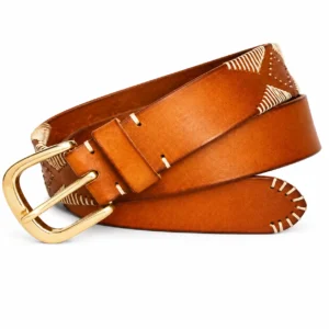 Tan brown leather belt with contrast whip stitching and gold-tone buckle