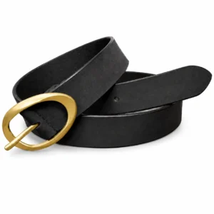 Black leather belt with oval gold-tone buckle and smooth minimalist finish