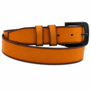 Tan brown leather belt with black buckle, dark edges and double leather keeper loops
