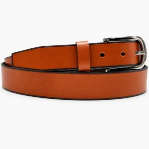 Tan brown leather belt with dark contrast edges and polished silver buckle