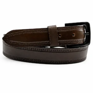 Dark brown leather belt with double stitching and black rectangular buckle