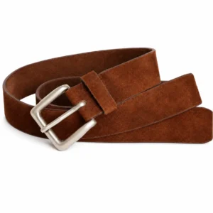 Rust brown leather belt with brushed silver buckle and matching leather keeper