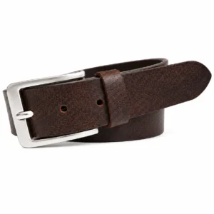 Dark brown textured leather belt with polished silver buckle and single leather keeper