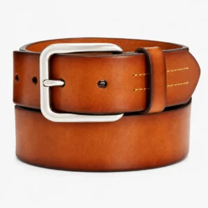 Cognac brown leather belt with contrast stitching and polished silver buckle