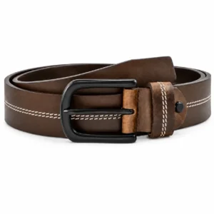Dark brown leather belt with white contrast stitching and matte black buckle