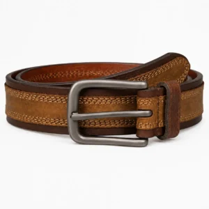 Two-tone brown leather belt with contrast stitching and gunmetal buckle
