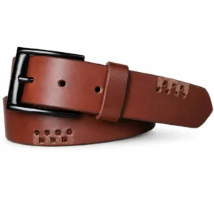 Chestnut brown leather belt with decorative lacing and black rectangular buckle