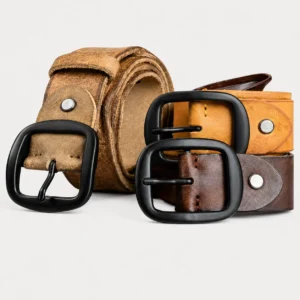 Tan mustard and brown leather belts with matte black buckles and textured finishes