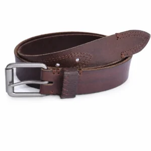 Brown leather belt with brushed silver metal buckle and stitched leather detailing