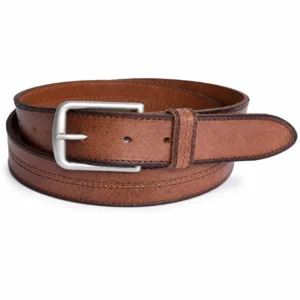 Tan brown leather belt with matte silver buckle and stitched edge detailing