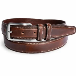 Brown leather belt with contrast stitching and brushed silver buckle