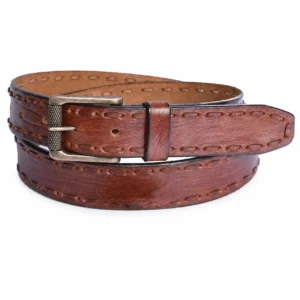 Brown leather belt with decorative edge stitching and antique metal buckle