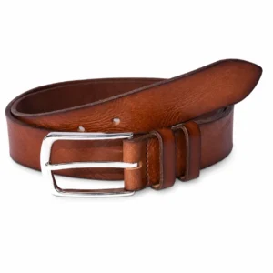 Tan brown leather belt with polished silver buckle and double keeper loops