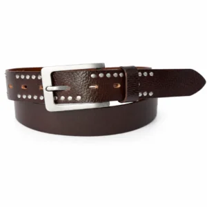 Brown leather belt with decorative metal studs and brushed silver buckle