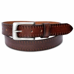 Dark brown leather belt with decorative perforated edges and brushed silver buckle