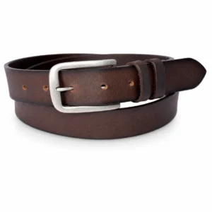 Dark brown leather belt with matte silver buckle and double leather keeper loops