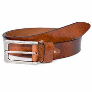 Cognac brown distressed leather belt with silver-tone rectangular buckle