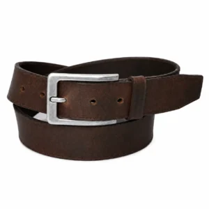 Vintage dark brown leather belt with antique silver buckle and single leather keeper