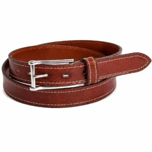 Cognac brown leather belt with contrast stitching and polished silver buckle