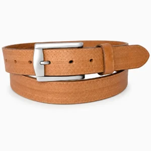 Tan brown textured leather belt with fine dotted pattern and polished silver buckle