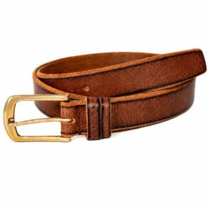 Vintage brown leather belt with textured grain and gold-tone buckle