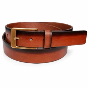 Burnished cognac brown leather belt with dark edges and antique brass buckle