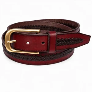 Burgundy leather belt with braided detail and gold-tone buckle