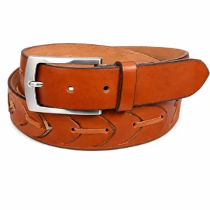 Tan brown leather belt with decorative cutout lacing and polished silver buckle